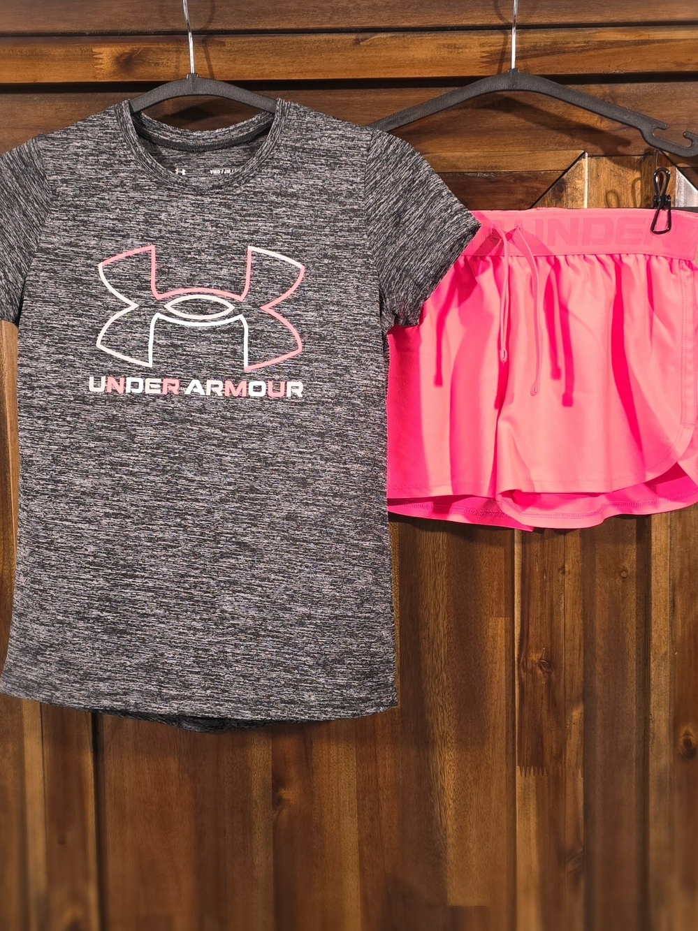 Under Armour Girls' Dark Gray Logo Tee & Neon Pink Short Set